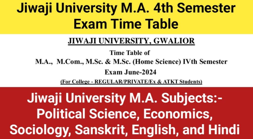 Jiwaji University June 2024 Exam Time Table for M.A.